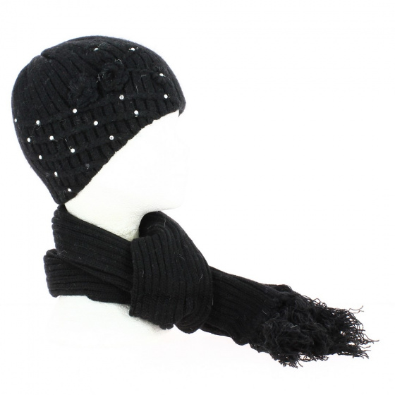 Ensemble Bonnet Strass Echarpe Frange Laine noir- Traclet