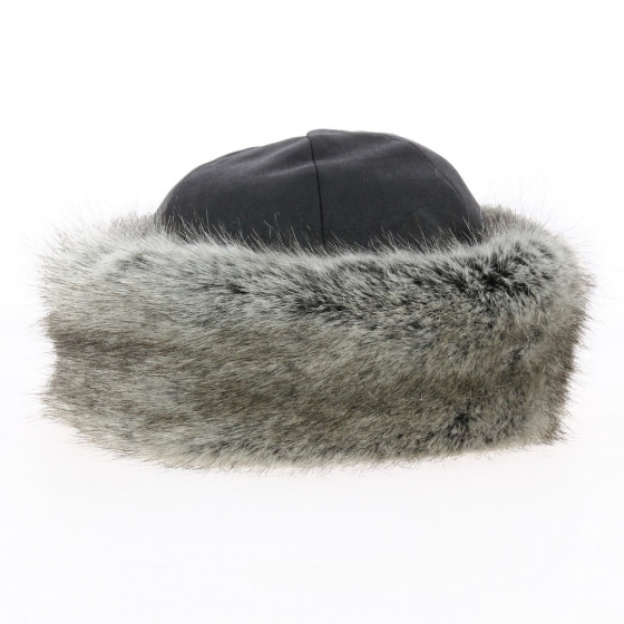 Toque Marmotte imitation black leather & grey faux fur - Traclet