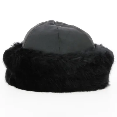 Toque Marmotte imitation cuir noir & fausse fourrure noire - Traclet