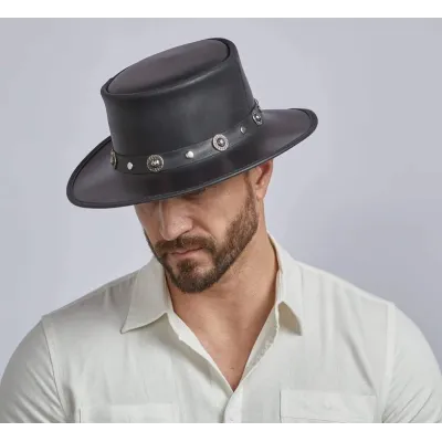 PorkPie Silverado Black Leather Hat - Head'n Home
