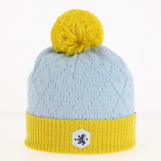 Bonnet Pompon Laine London Jaune et Bleu ciel - Blanc Bonnet