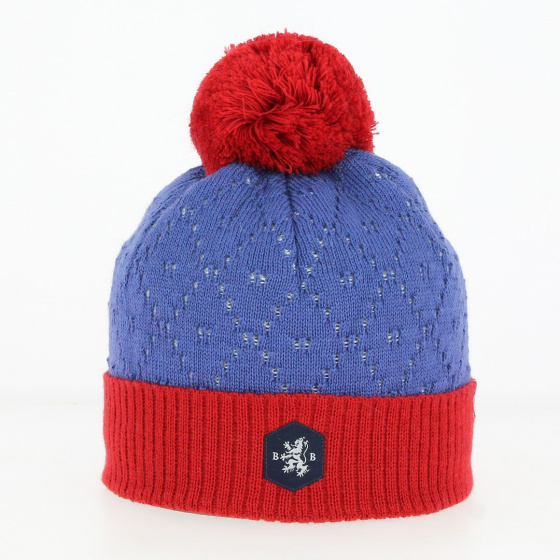 Bonnet Pompon Laine London Rouge et bleu - Blanc Bonnet