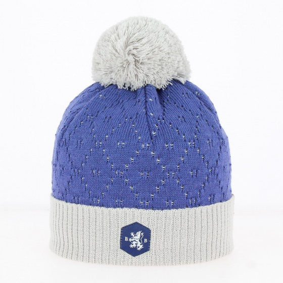 London Wool Pompon Beanie Grey and blue - White Beanie