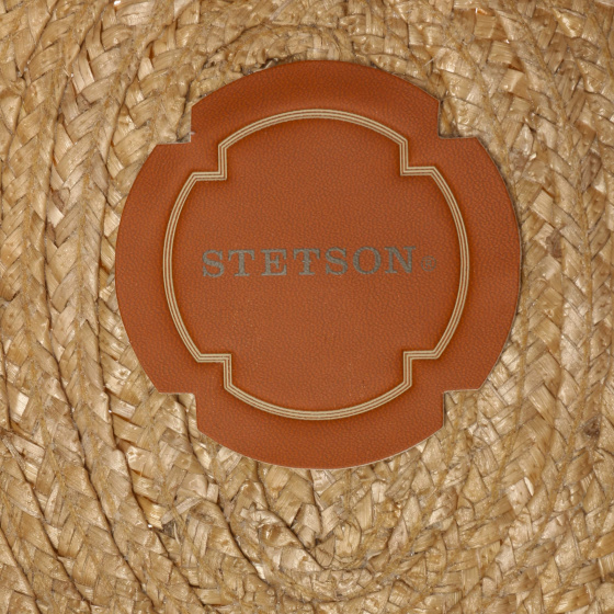 Natural Straw Boater Hat with Red & Navy Blue Ribbon - Stetson
