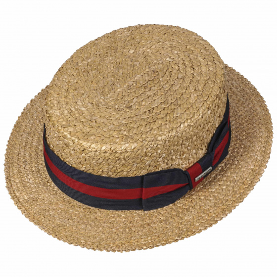 Canotier Paille Naturelle Ruban Rouge & Bleu Marine - Stetson
