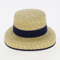 Blue ribbon straw cloche boater hat - Traclet