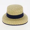 Blue ribbon straw cloche boater hat - Traclet