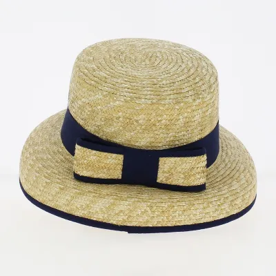 Chapeau canotier-cloche paille ruban bleu - Traclet