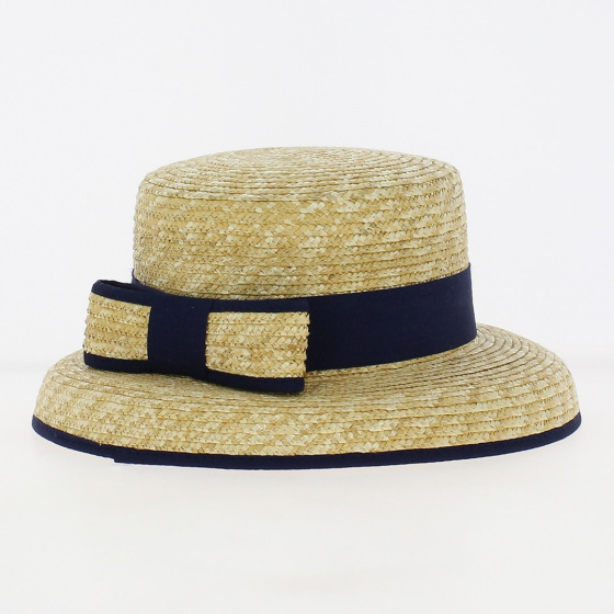 Blue ribbon straw cloche boater hat - Traclet