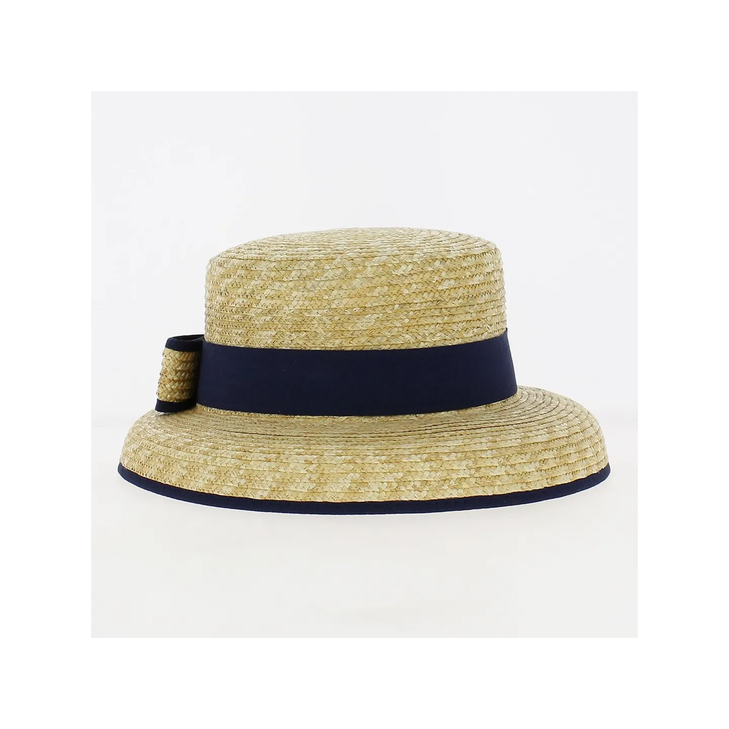Blue ribbon straw cloche boater hat - Traclet