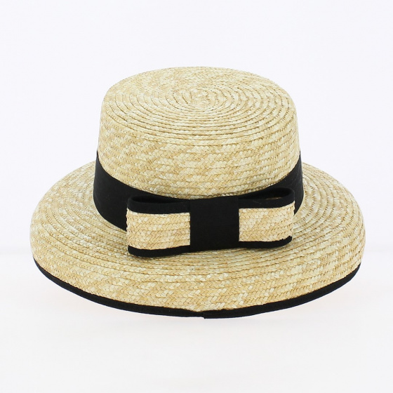 Black ribbon straw cloche boater hat - Traclet