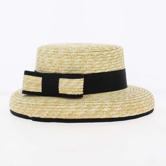 Black ribbon straw cloche boater hat - Traclet