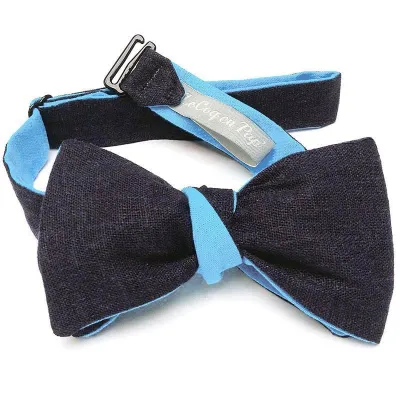 Two-Tone Navy Blue and Blue Linen Reversible Bow Tie - Le Coq En Pap Reference: 15363 |Chapellerie Traclet