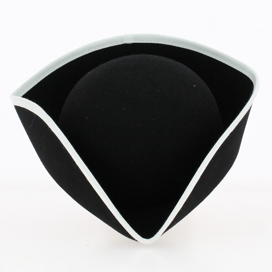 Small Black Wool Felt Tricorn with White Trim - Traclet