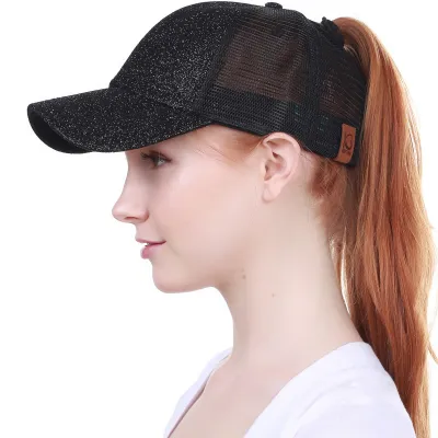 Women's Black Glitter Baseball Cap with Ponytail - Traclet Reference: 17925| Traclet Hat Shop