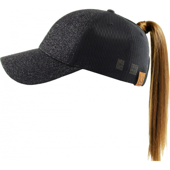 Women's Black Glitter Baseball Cap with Ponytail - Traclet